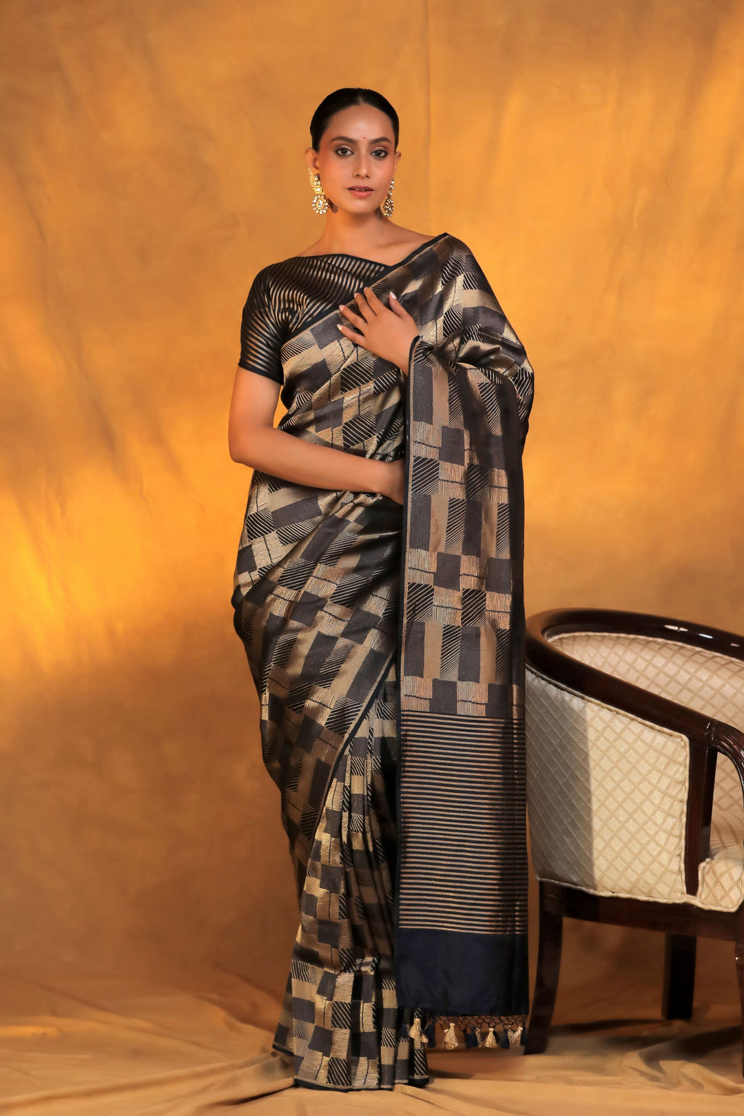 handwoven banarasi brocade black and golden pure katan silk saree front view 2