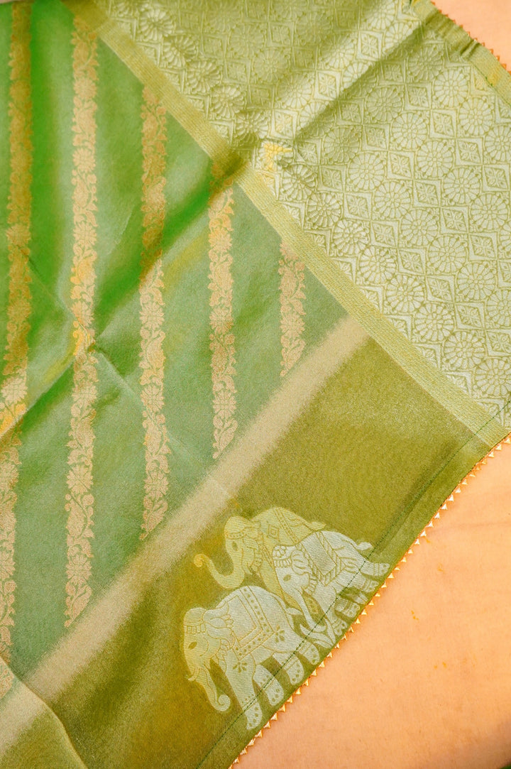 Light Green Banarasi Tissue Silk Saree with Meenakari Jangla Top and Elephant Motif Dupatta
