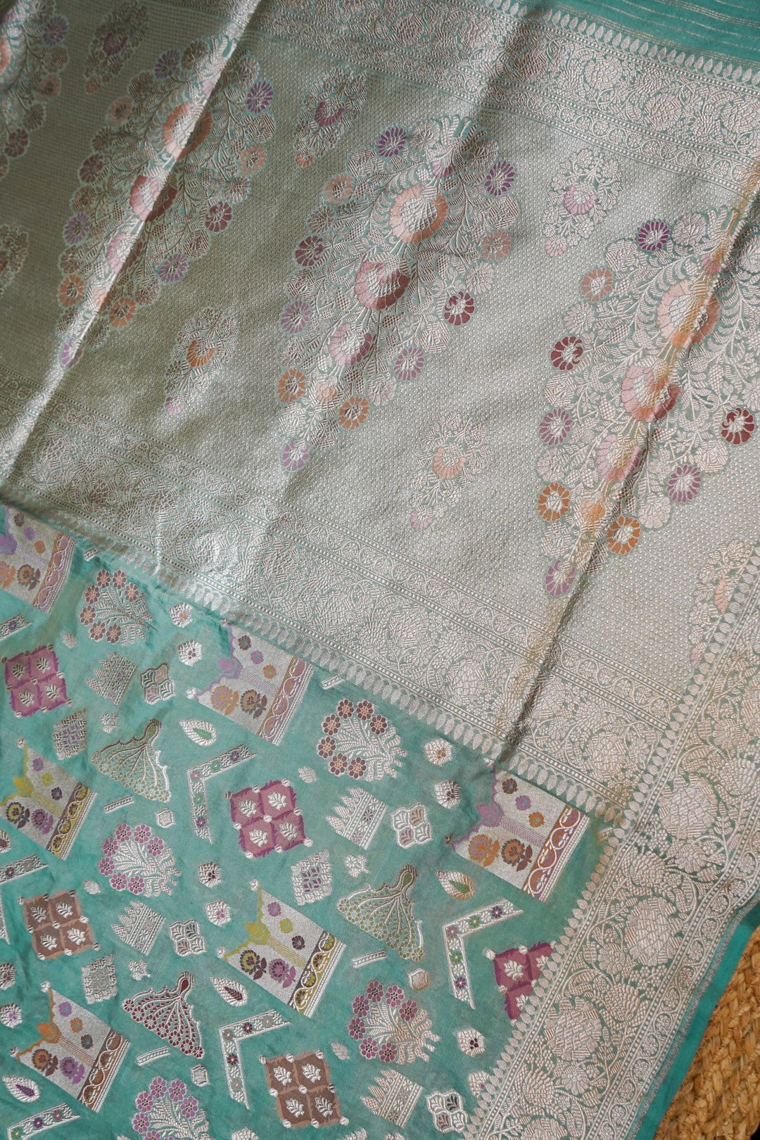 Handwoven Sea Green Pure Tissue Katan Silk Meenakari Jaal Saree