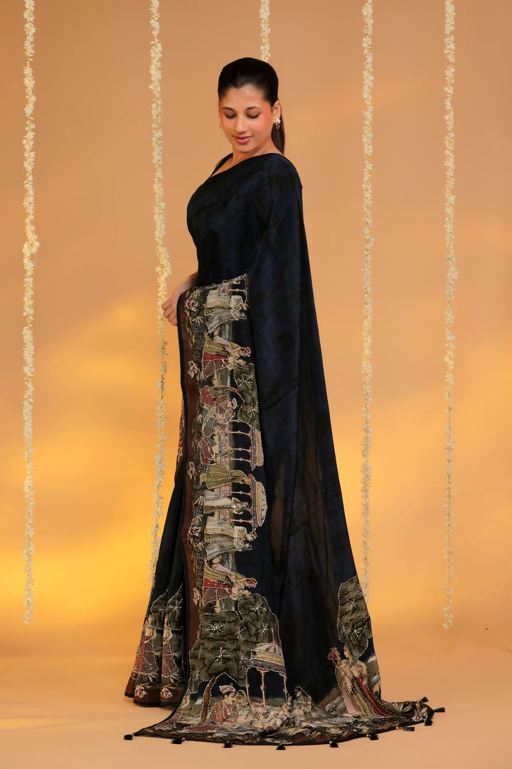 teal blue crepe silk katha embroidery figure motif saree for cocktail side view 1