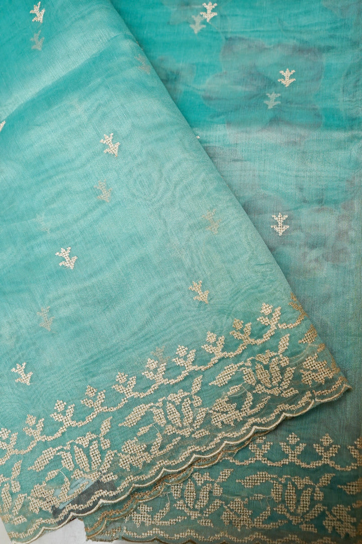 Sea Green Tissue Saree with Cross Stitch Resham Embroidery & Appliqué Work
