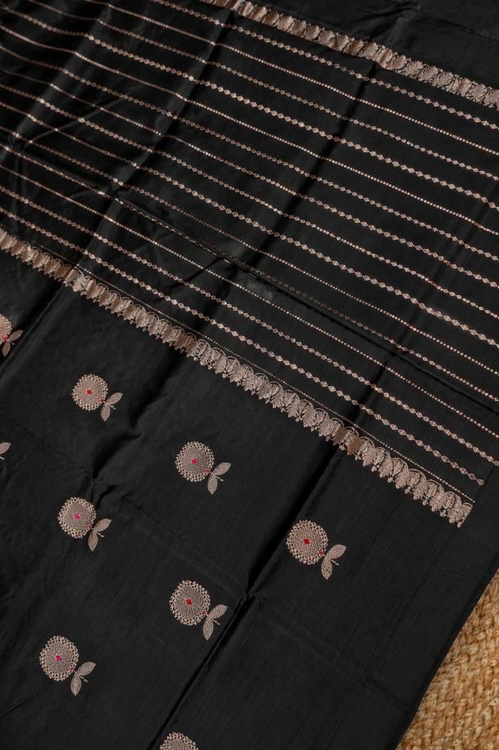 Handwoven Black Banarasi Pure Puna Silk Saree with Meenakari Booti