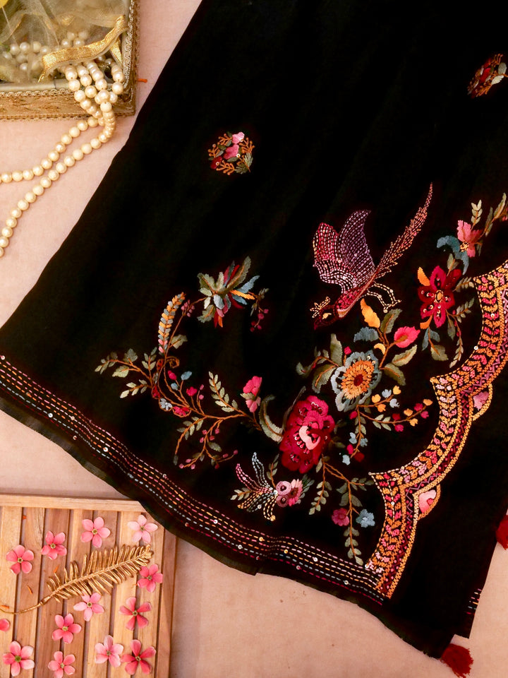 Black Ghicha Silk Saree with Hand Kantha Embroidery View 1
