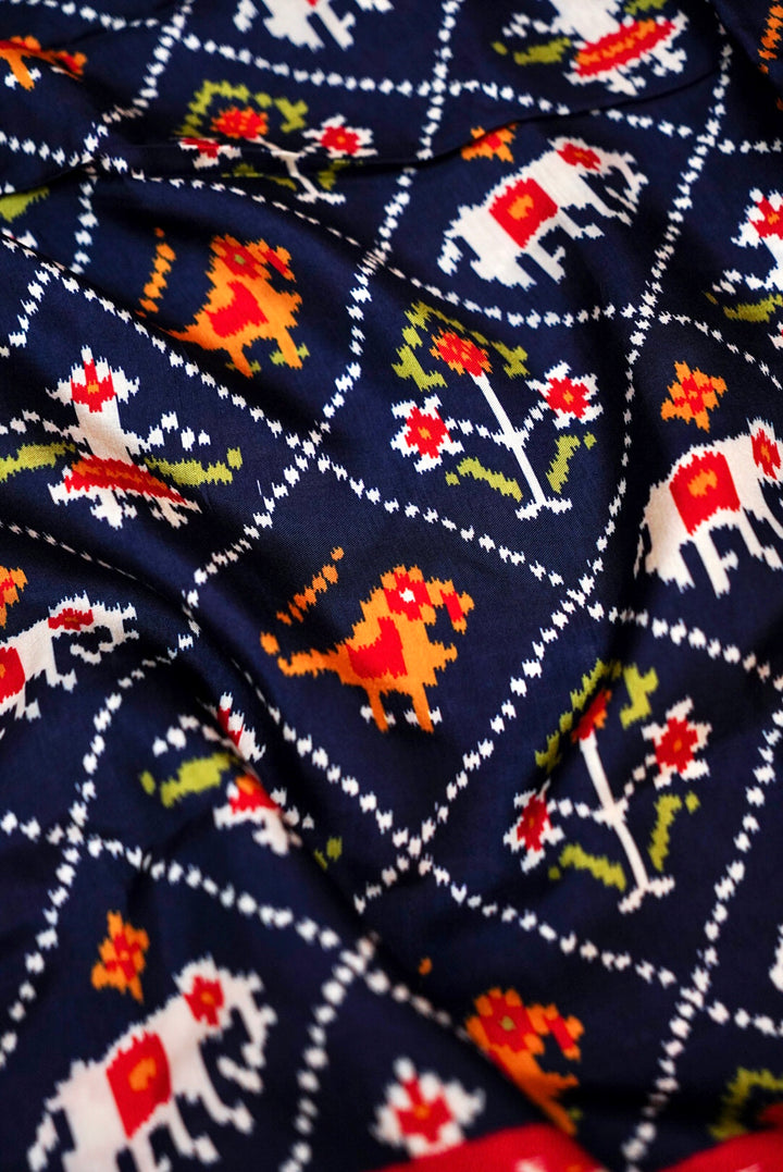 Navy Blue Patola Silk Saree with Zari Weave Contrast Border