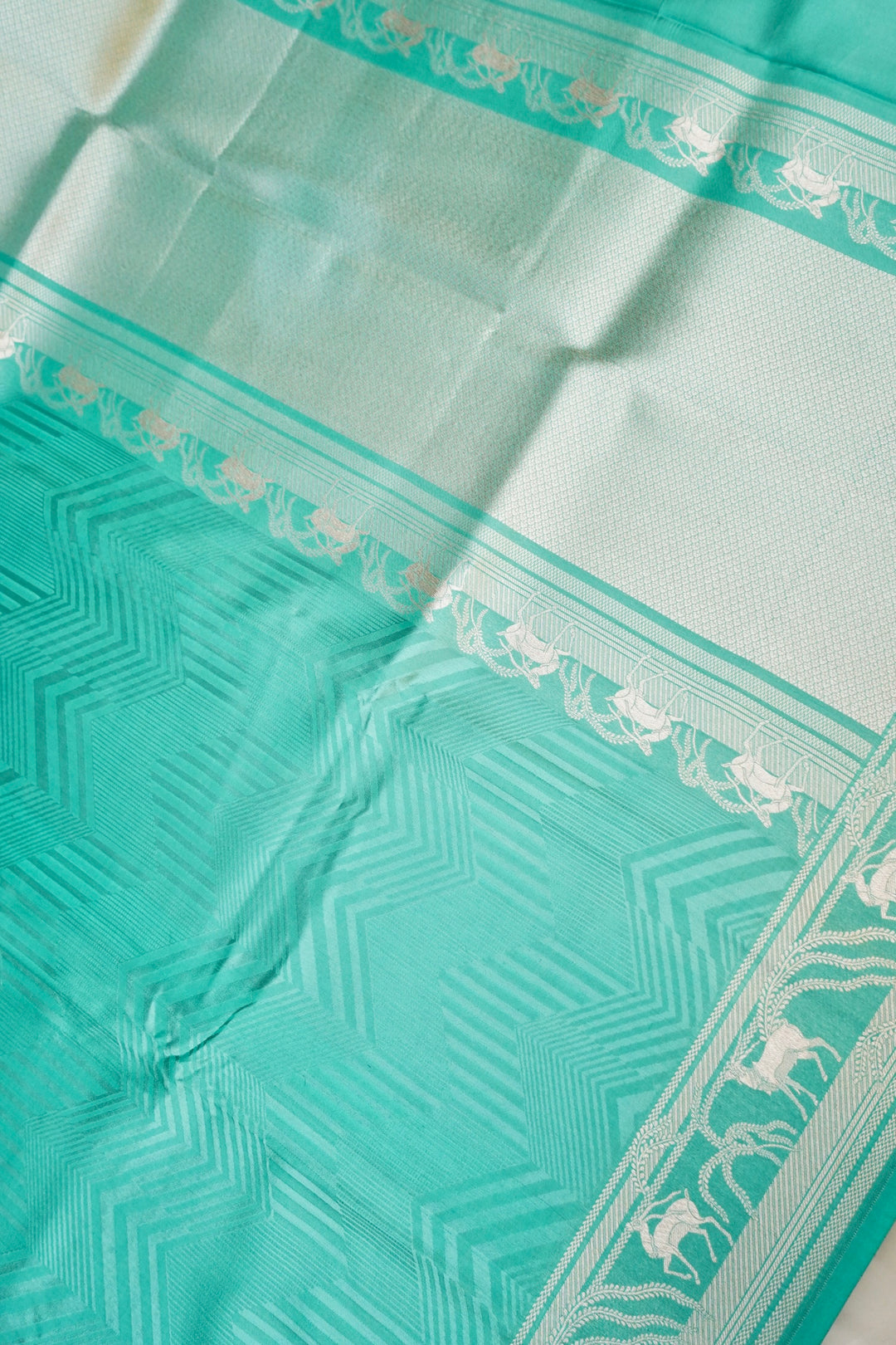 Aqua Green Banarasi Pure Katan Silk Saree – Handwoven with Golden Zari Shikargah Border & Pallu