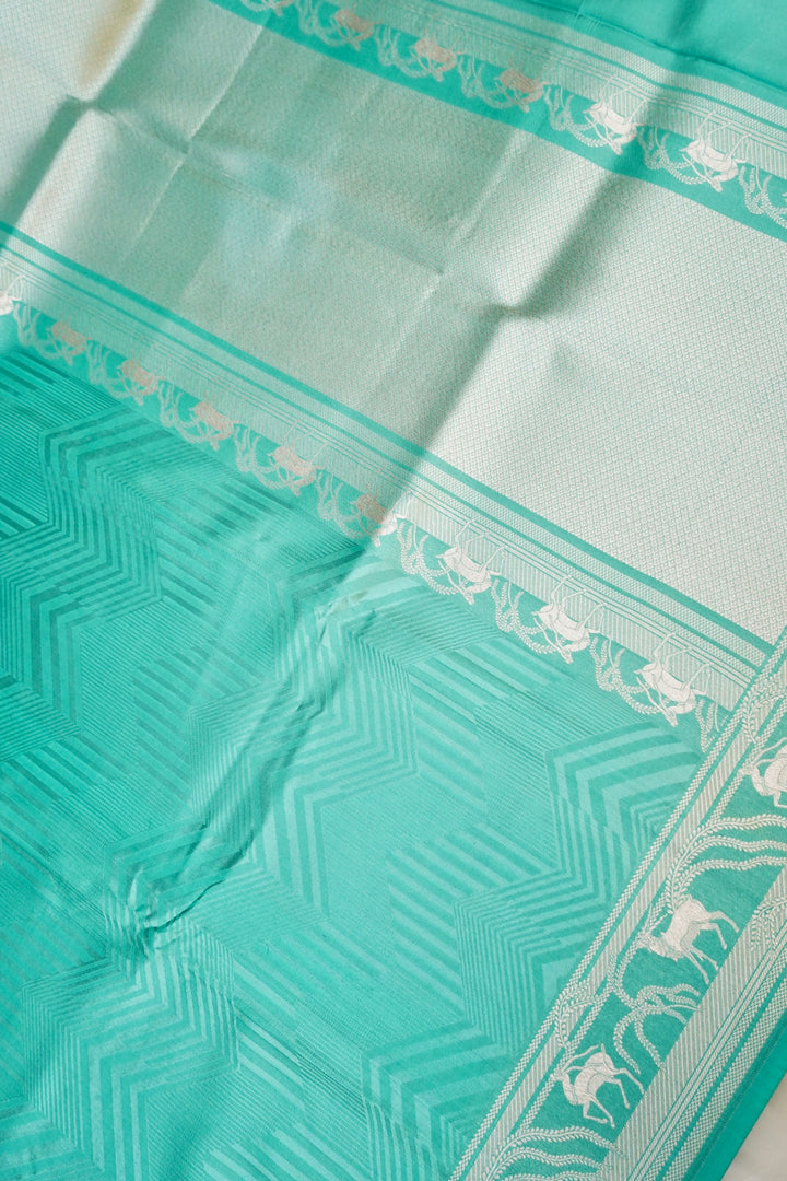 Aqua Green Banarasi Pure Katan Silk Saree – Handwoven with Golden Zari Shikargah Border & Pallu