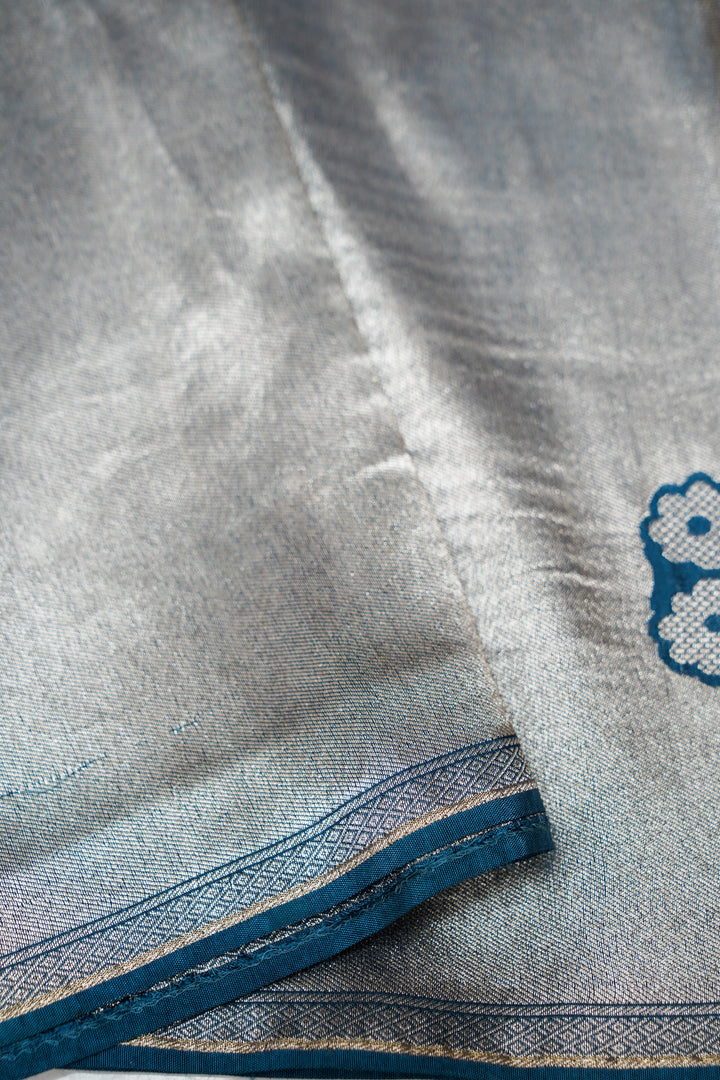 Teal Blue Pure Banarasi Crepe Tissue Saree with Contemporary Design