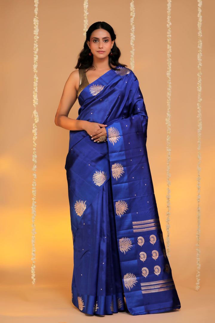 handwoven royal blue banarasi pure mashru silk leopard motif raw mango saree front view 1