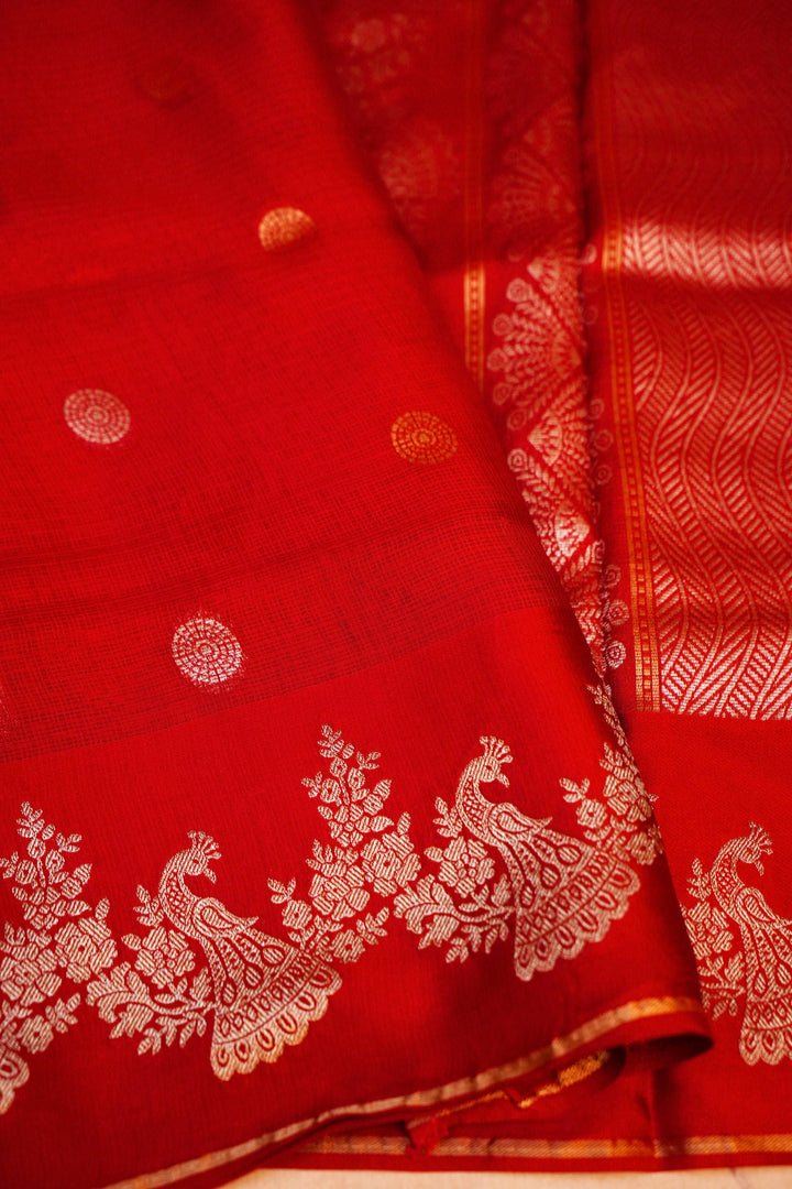 Red Bridal Kota Check Saree with Figure Motif Silk Border