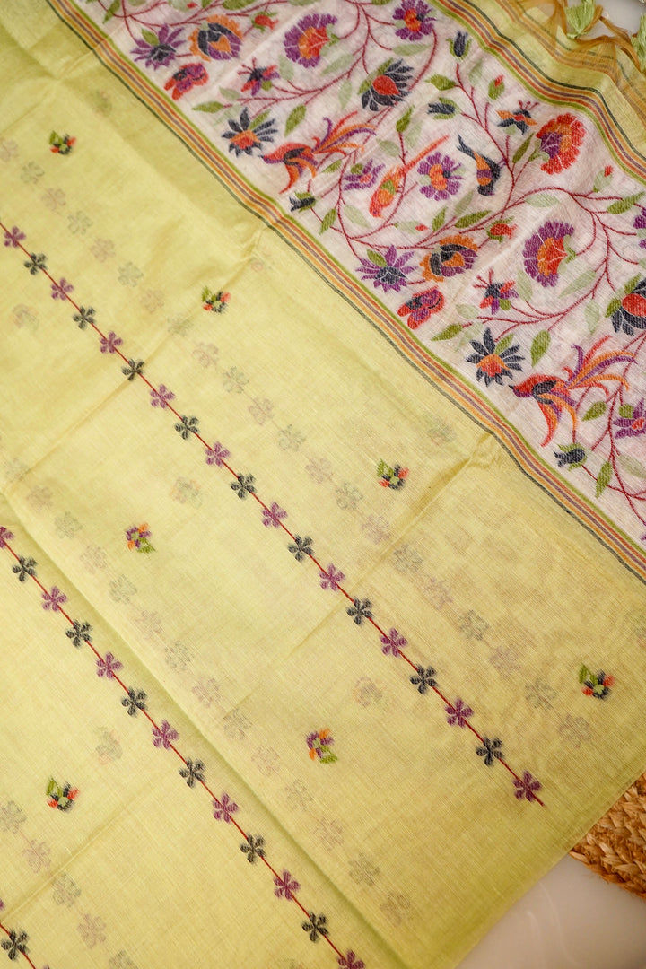 Pista Green Floral &amp; Bird Print Unstitched Suit Set with Artistic Dupatta