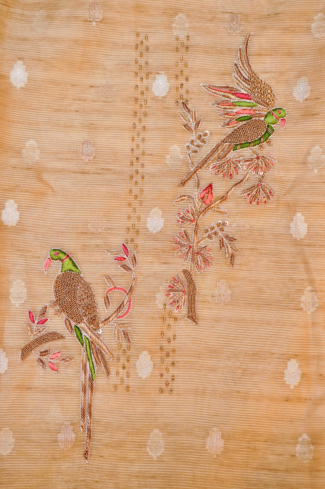 Beige Gold Pure Chanderi Silk Suit with Red Contrast Dupatta