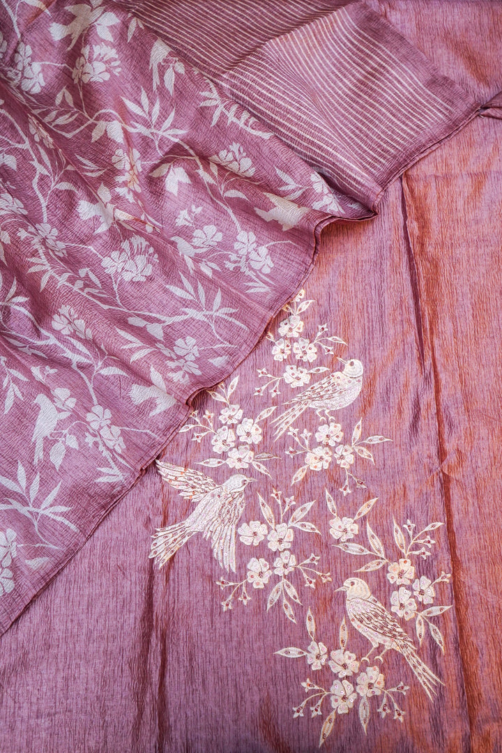 Elegant Rose Gold Banarasi Crush Tissue Silk Suit Set