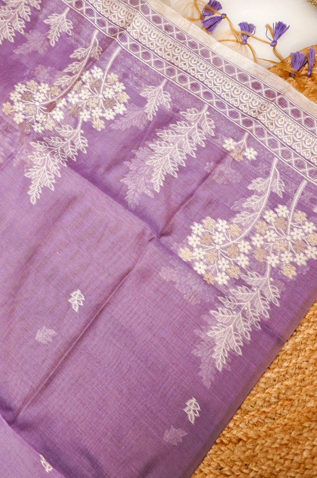 Off White &amp; Lavender Floral Woven Unstitched Suit Set