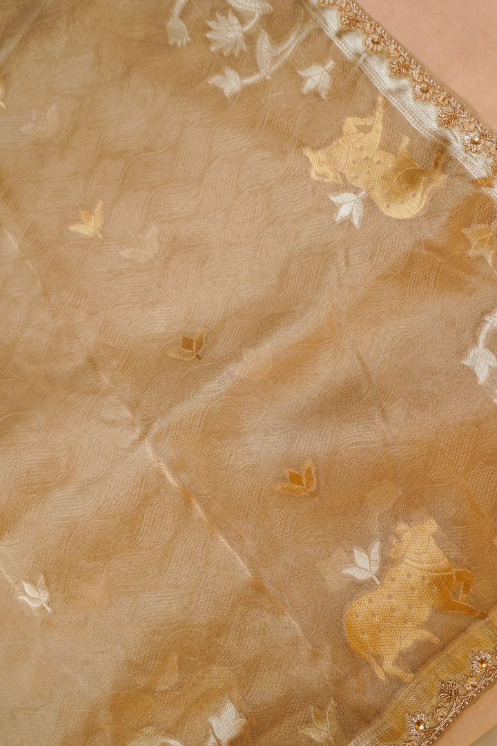 Chiku Brown Tissue Silk Pichwai Inspired Sona Rupa Zari Weave Saree View 3