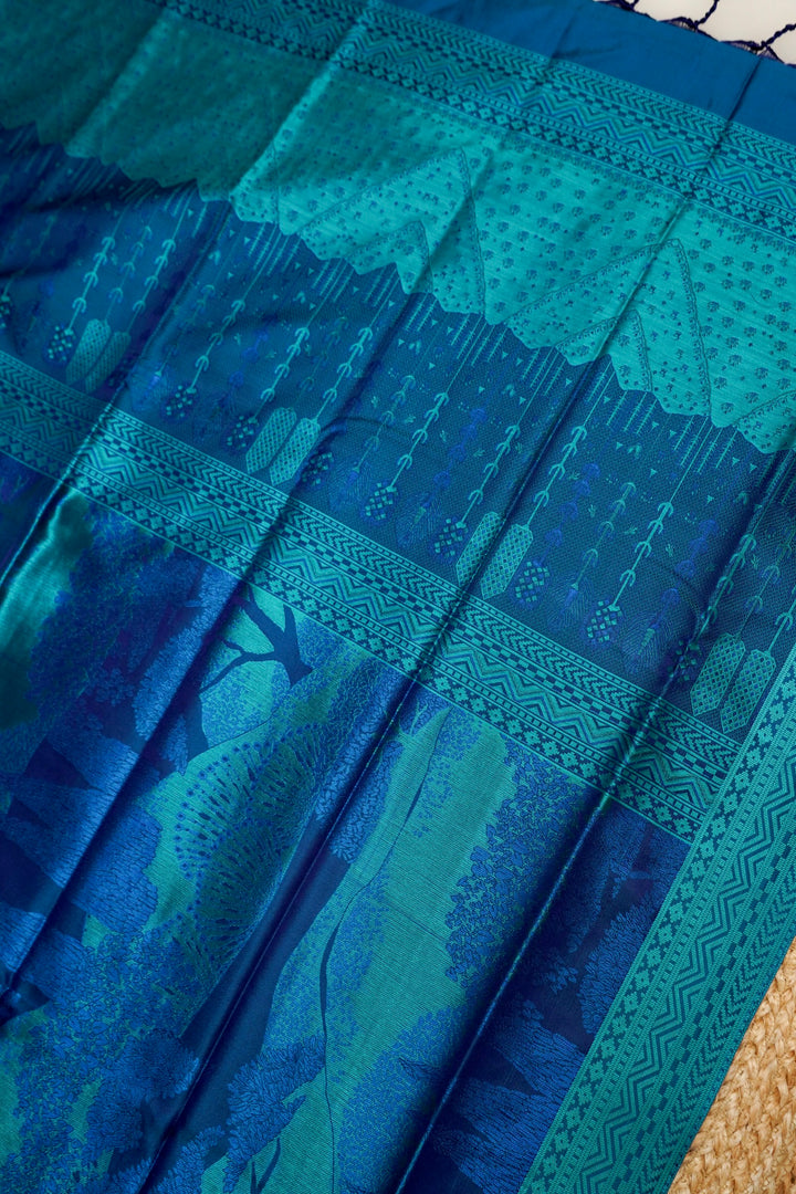 Teal Blue Handwoven Banarasi Tanchoi Silk Saree with Resham Work