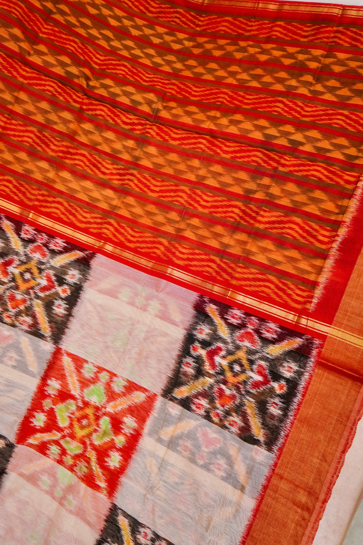 Cream Banarasi Patola Cotton Silk Saree with Multi-Coloured Checks