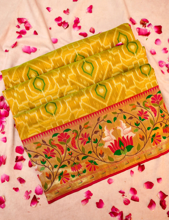Mustard Yellow Silk Saree with Ikkat Weaving & Paithani Border Pallu