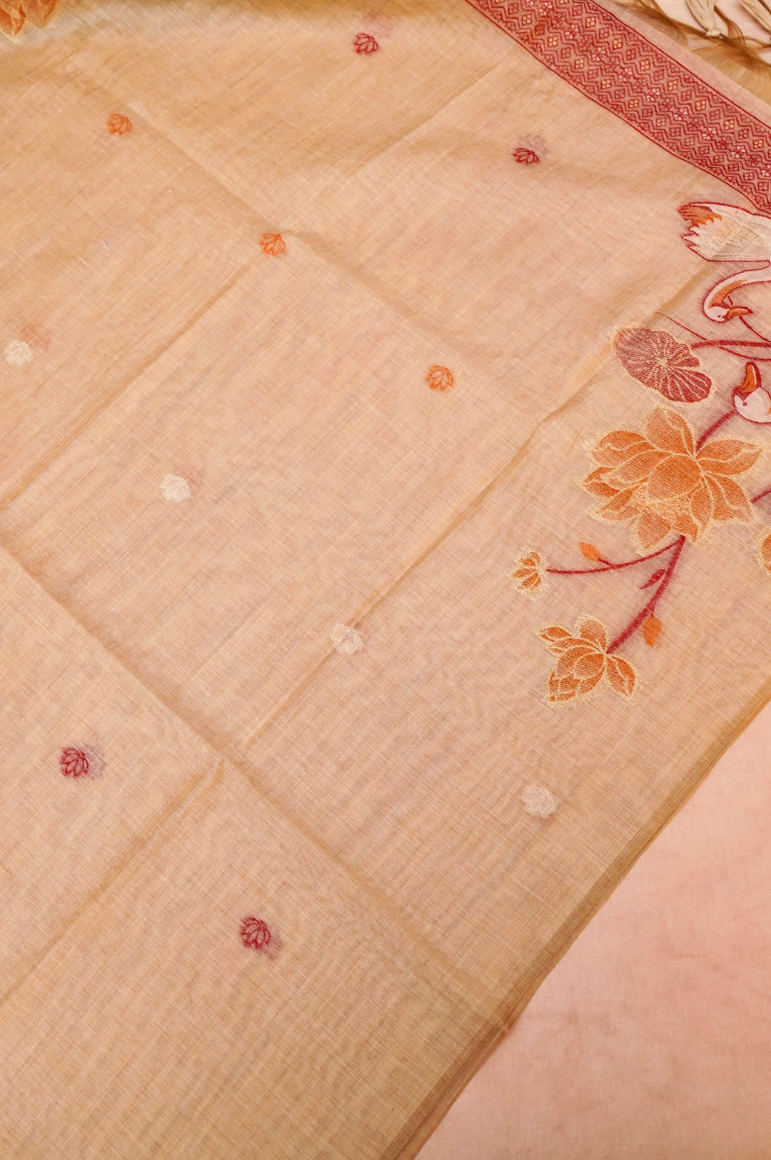 Beige Gold Cotton Silk Suit Set with Resham Embroidery