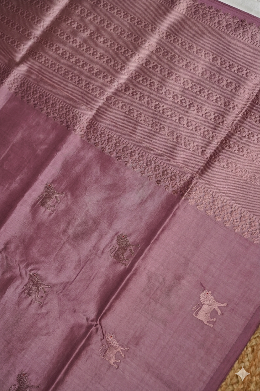 Regal Handwoven Banarasi Pure Mauve Puna Silk Saree with Zari Lion Motif