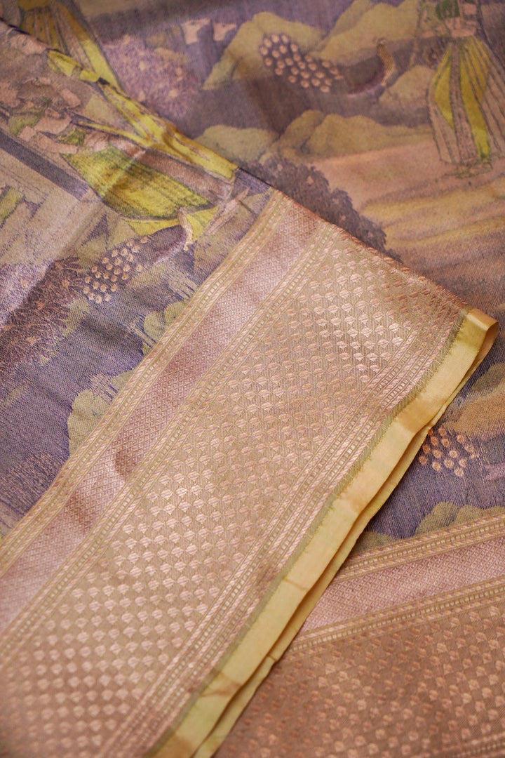 Luxurious Olive Green Banarasi Tanchoi Saree in Pure Katan Silk – Handcrafted Figure Pattern