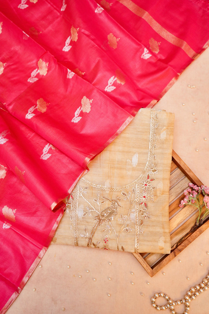 Unstitched Beige Gold Pure Chanderi Silk Suit with Pink Contrast Dupatta