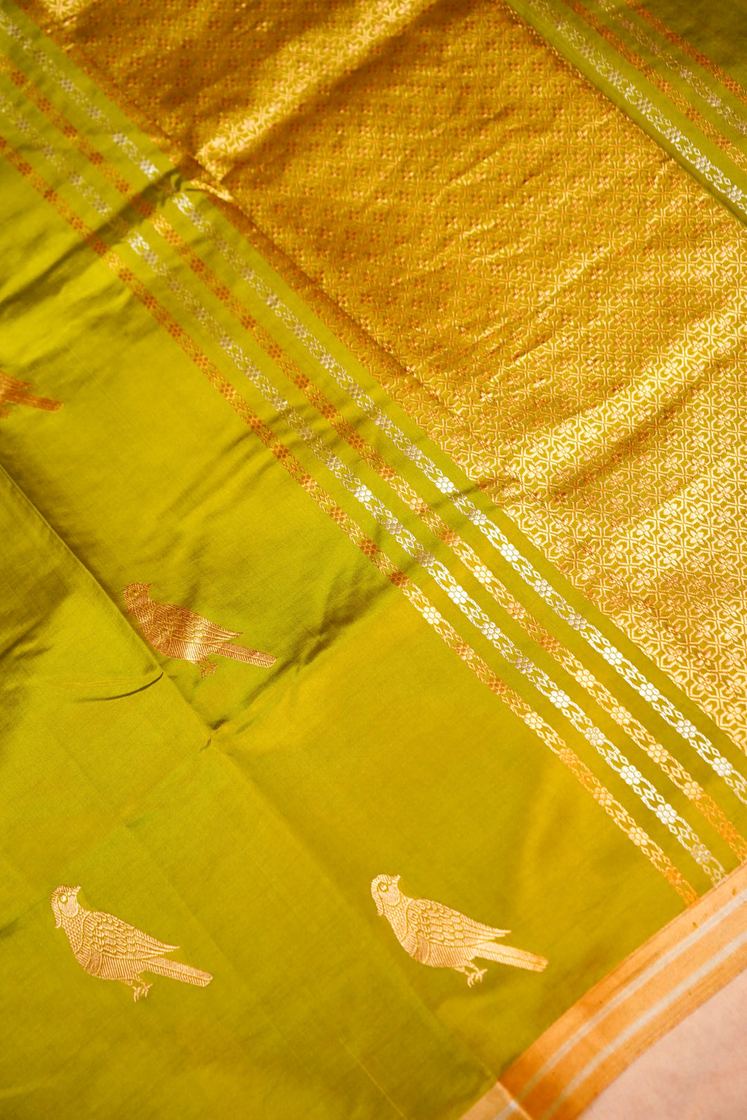 Parrot Green Royalty Handwoven Banarasi Pure Katan Silk Saree with All-Over Zari Motif