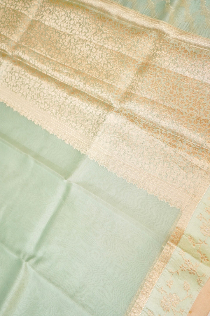 Banarasi Pastel Green Organza Silk Saree with Silk Weaving Border Open View