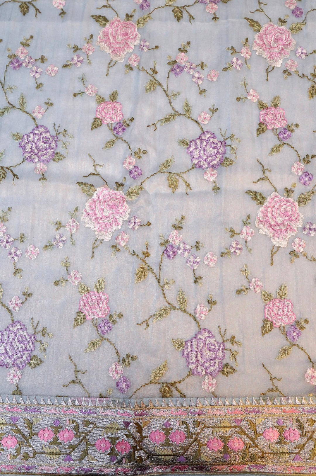 Sky Blue Banarasi Crush Tissue Silk Suit Set with Embroidery Work