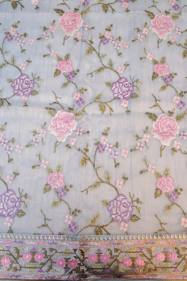 Sky Blue Banarasi Crush Tissue Silk Suit Set with Embroidery Work