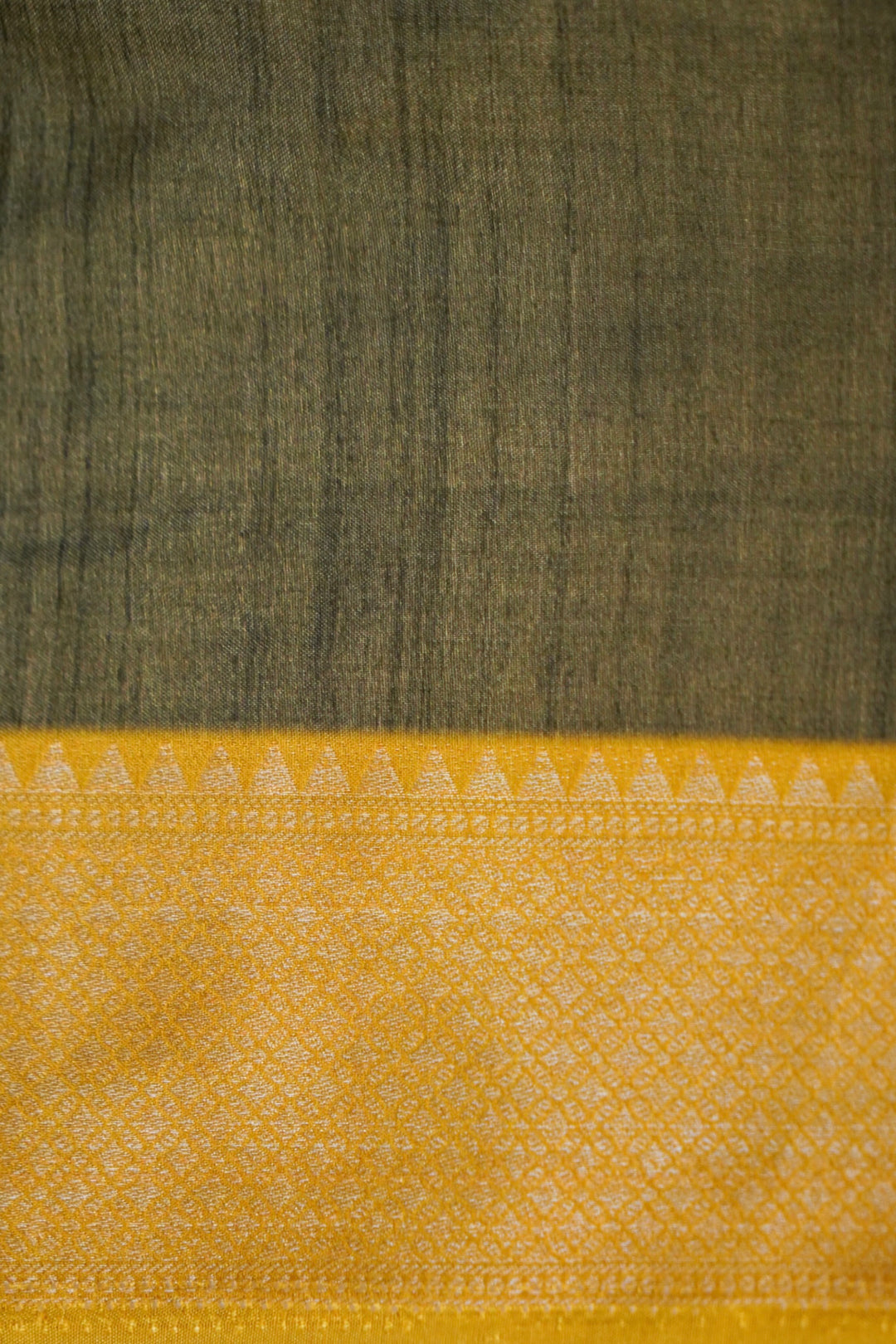 Green Crepe Silk Saree with Meenakari Carry Motif &amp; Yellow Contrast Border