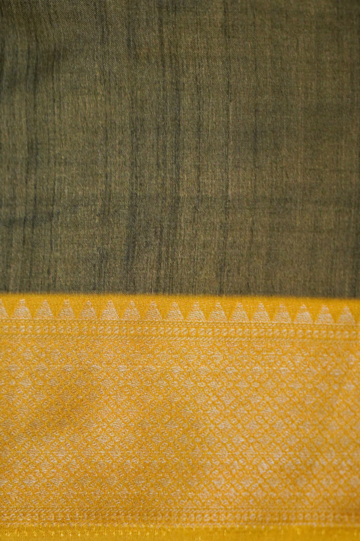 Green Crepe Silk Saree with Meenakari Carry Motif &amp; Yellow Contrast Border