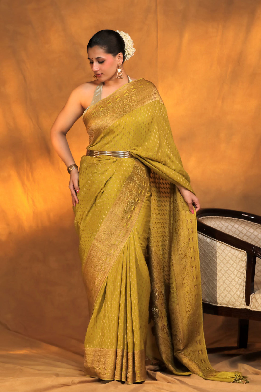 lemonyellow pure crepe chinon georgette saree with shikargah border front view