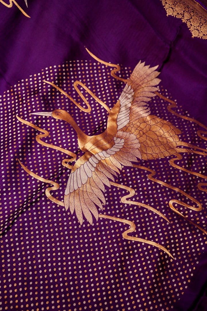 Purple Banarasi Satin Crepe Bandhej Weaving Saree with Birds Motif