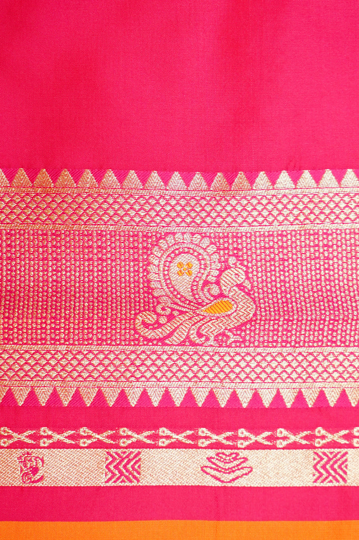Orange Soft Silk Kanjivaram Inspired Bird Motifs Saree with Contrast Border Pallu