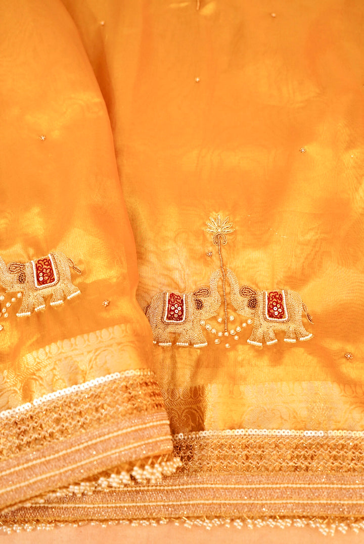 Golden Gajanan Maharani Tissue Saree with Hand Embroidery and Pearl Border