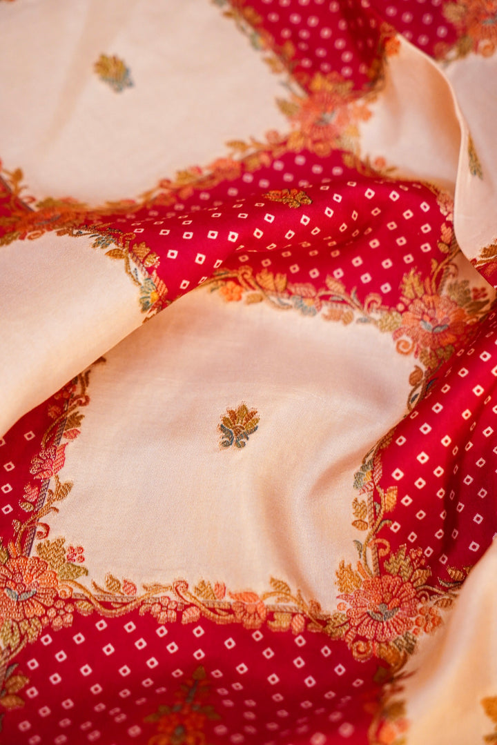 Pink &amp; White Checked Crepe Silk Saree with Bandhani Meenakari Contrast Border