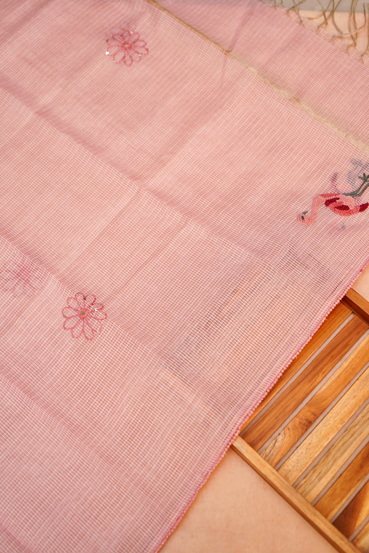 Pink Pure Chanderi Kota Fabric with Mirror & French Knot Thread Embroidery