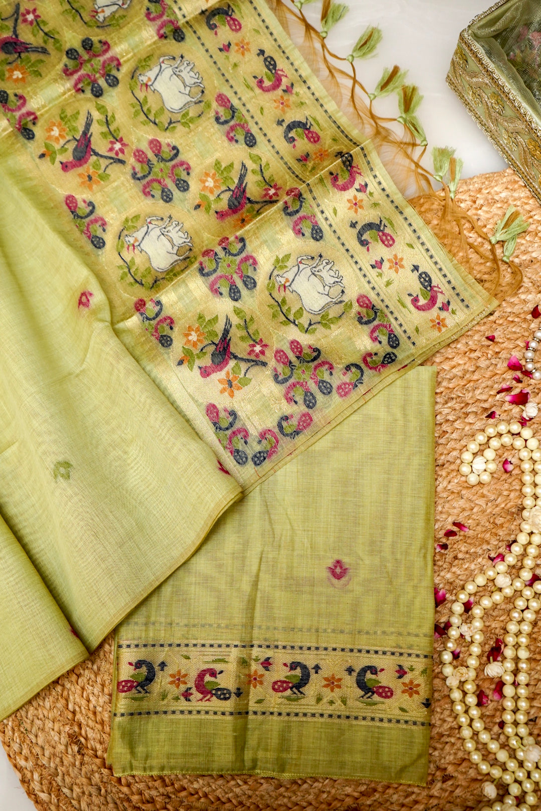 Pista Green Floral Woven Unstitched Suit Set with Bird Motif Dupatta