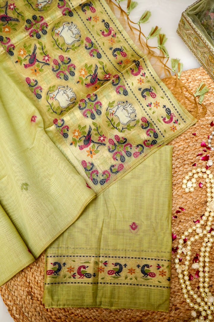Pista Green Floral Woven Unstitched Suit Set with Bird Motif Dupatta