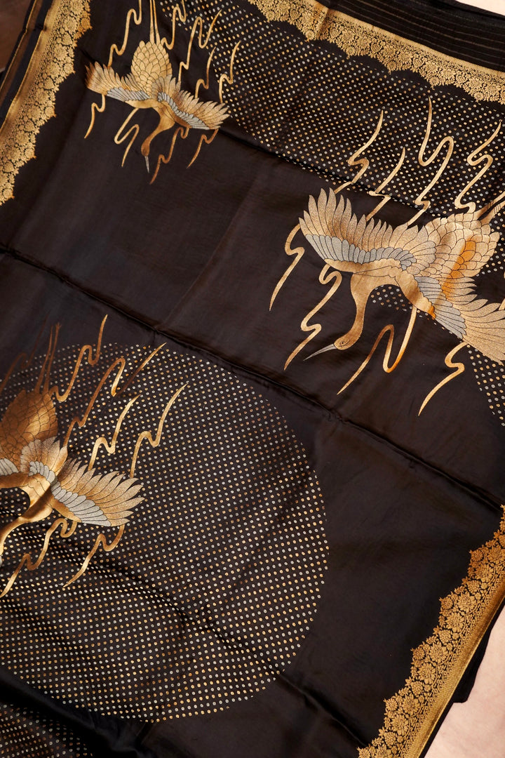 Black Banarasi Satin Crepe Bandhej Weaving Saree with Birds Motif