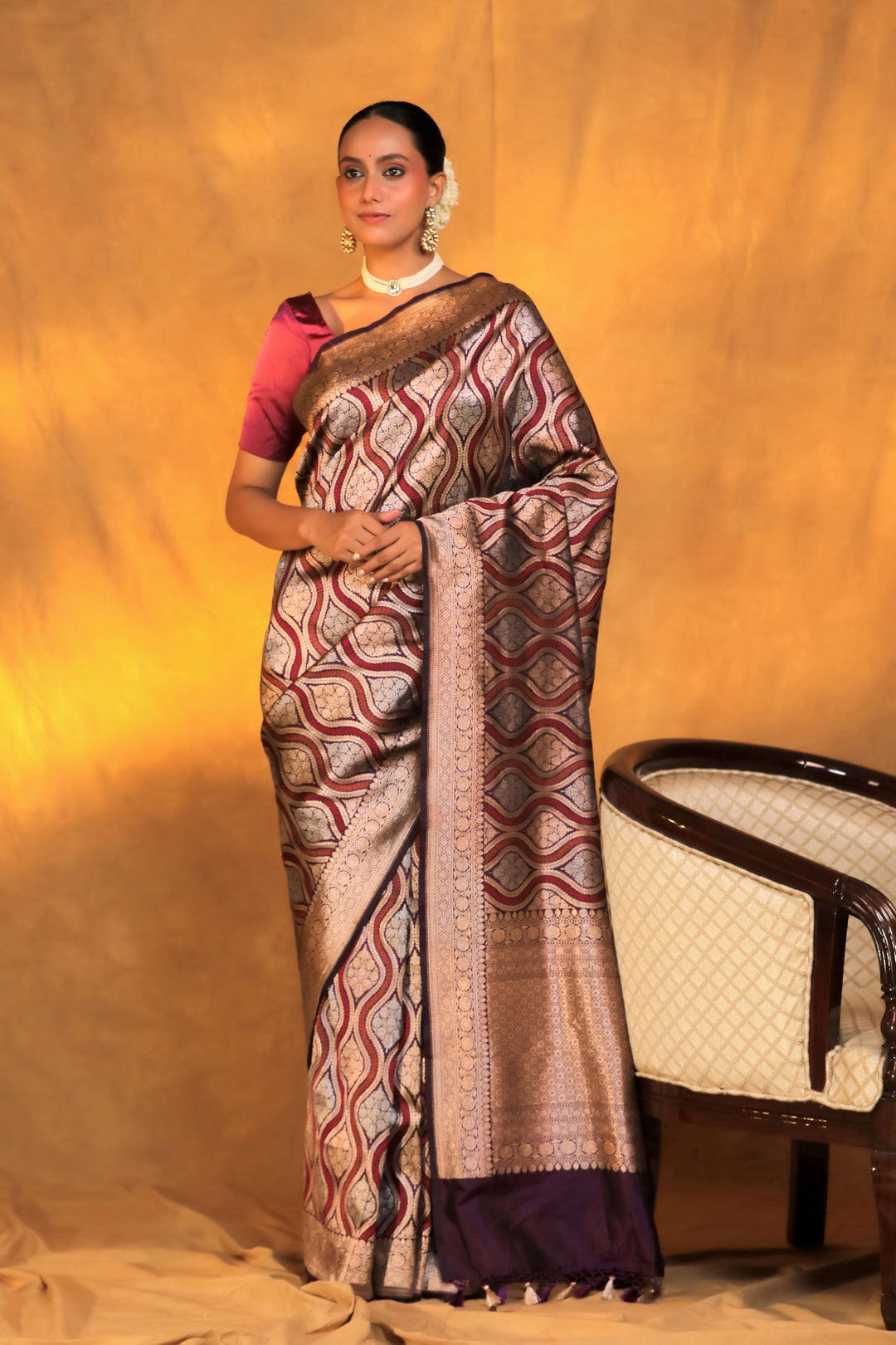 nita ambani inspired handwoven dark purple banarasi pure katan silk saree front view 2