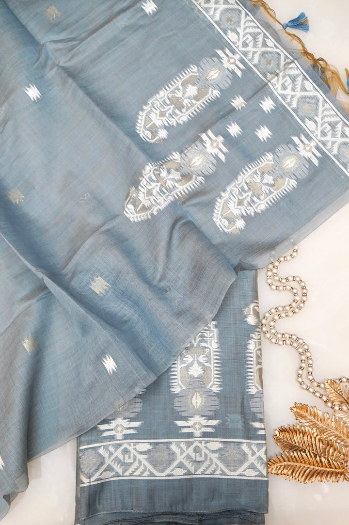 Graceful Sage Blue Traditional Banarasi Cotton Silk Suit Set
