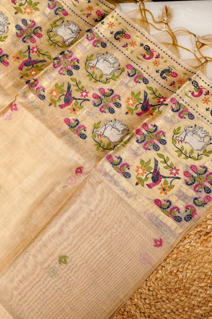 Beige Woven Unstitched Suit Set with Bird Motif Dupatta