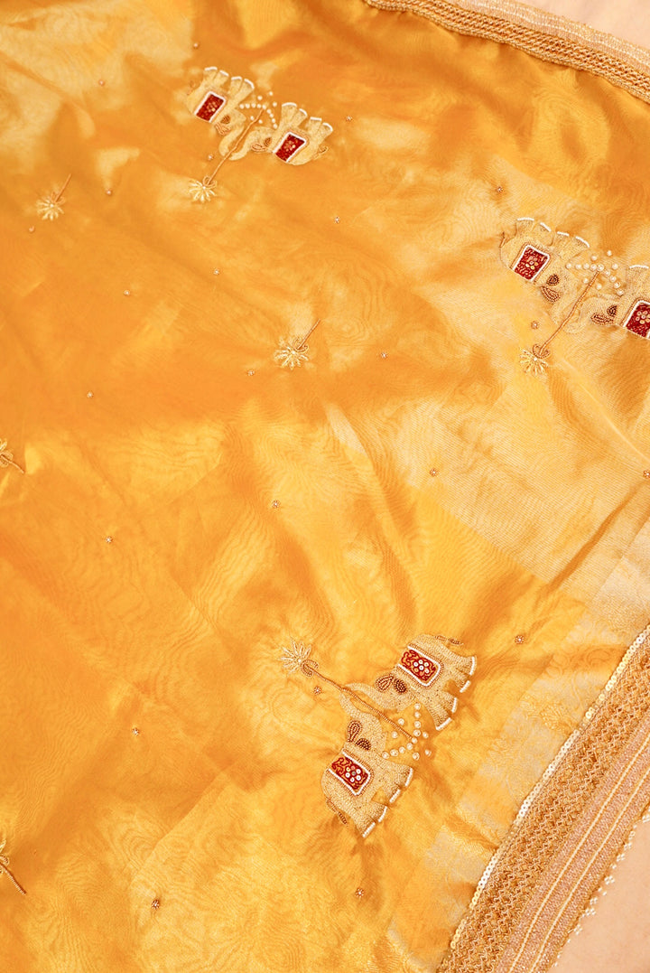 Golden Gajanan Maharani Tissue Saree with Hand Embroidery and Pearl Border