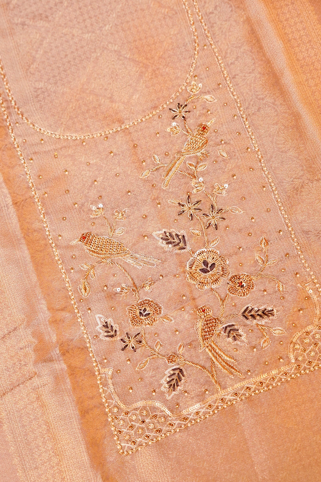 Mauve Banarasi Brocade Soft Silk Unstitched Suit Set with Hand Zardozi Embroidery Bird Motif