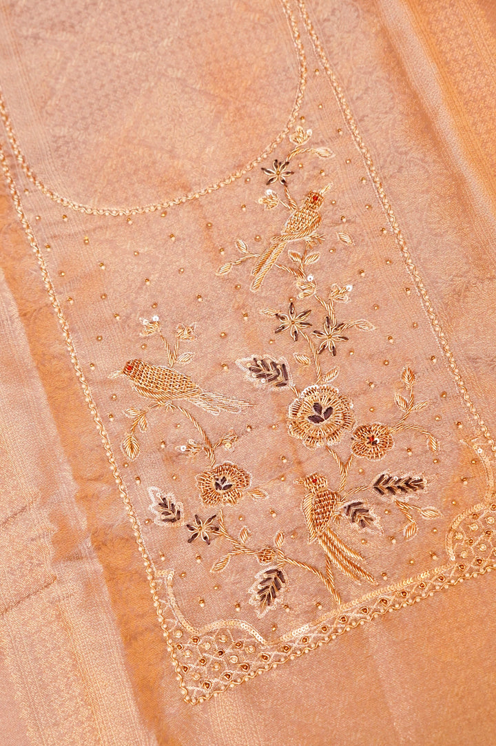 Mauve Banarasi Brocade Soft Silk Unstitched Suit Set with Hand Zardozi Embroidery Bird Motif