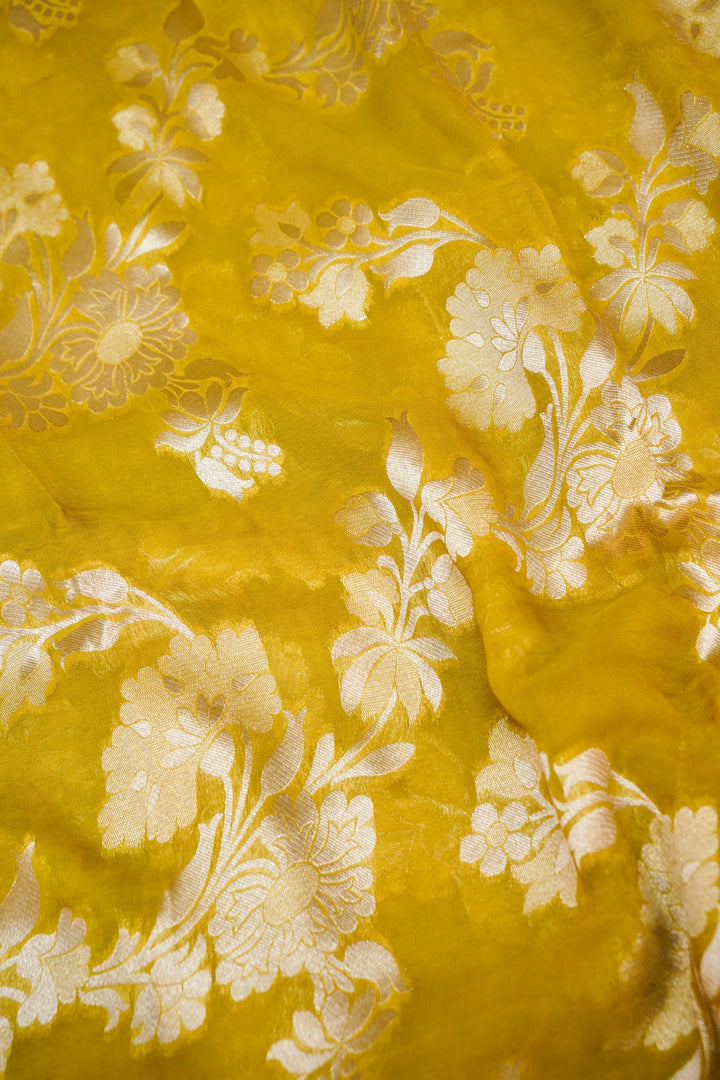 Mustard Pure Georgette Saree with Zari Weave Jangla Design
