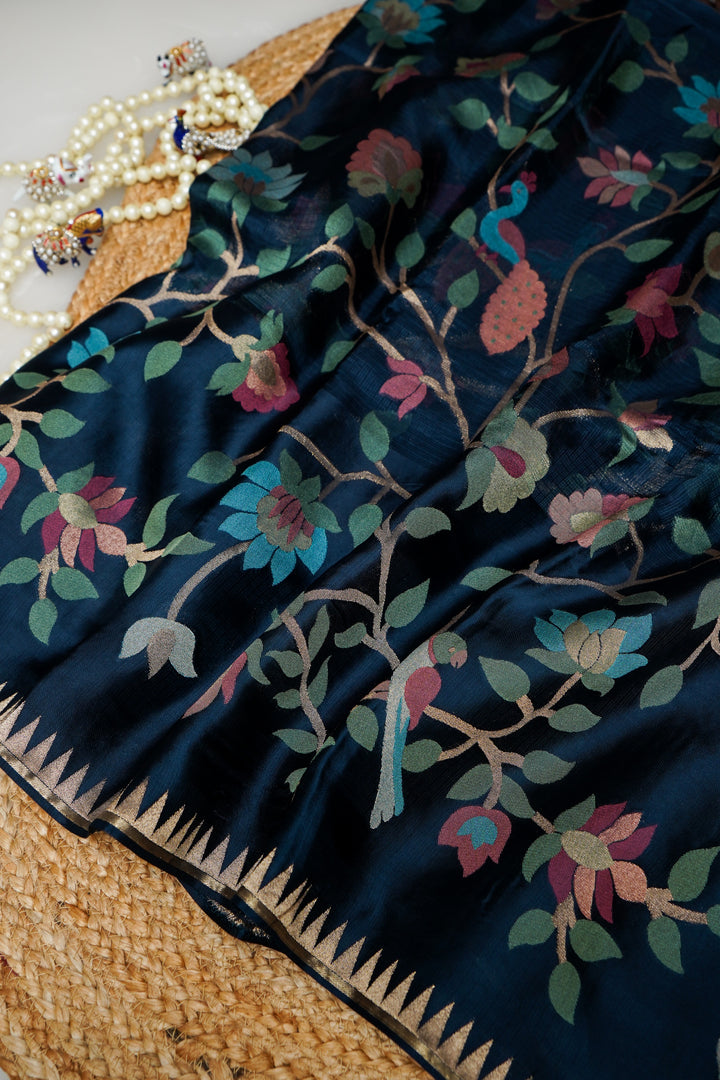 Teal Blue Pure Banarasi Kota Silk Figure Motif Saree with Silk Weaving Border