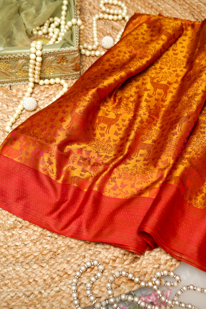 Haldi Special Mustard Yellow Handwoven Banarasi Pure Tanchoi Silk Saree