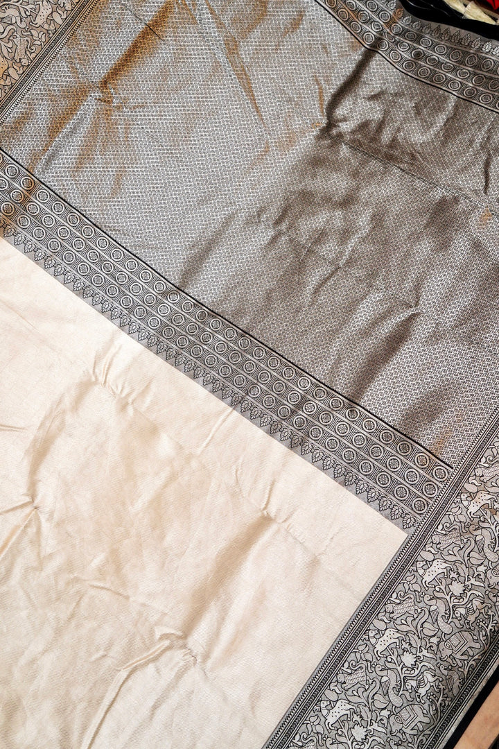 White Banarasi Kanjivaram Silk Saree with Black Contrast Border & Pallu